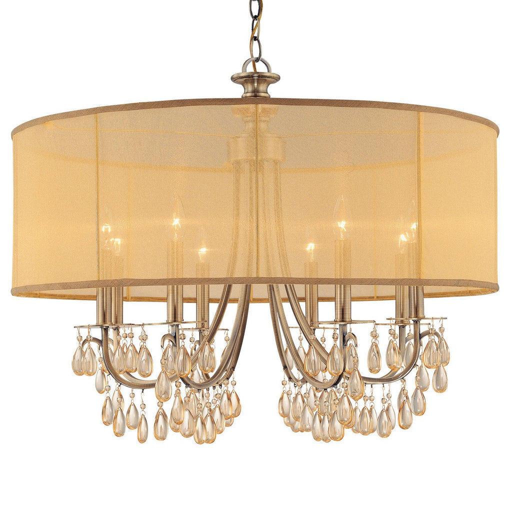 8 Light Antique Brass Transitional Chandelier Draped In Etruscan Smooth Teardrop Almond Crystal - C193-5628-AB