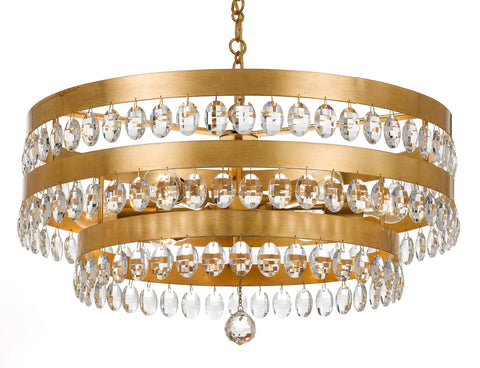 8 Light Antique Gold Transitional Chandelier Draped In Clear Elliptical Faceted Crystal - C193-6108-GA