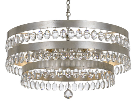 8 Light Antique Silver Transitional Chandelier Draped In Clear Elliptical Faceted Crystal - C193-6108-SA
