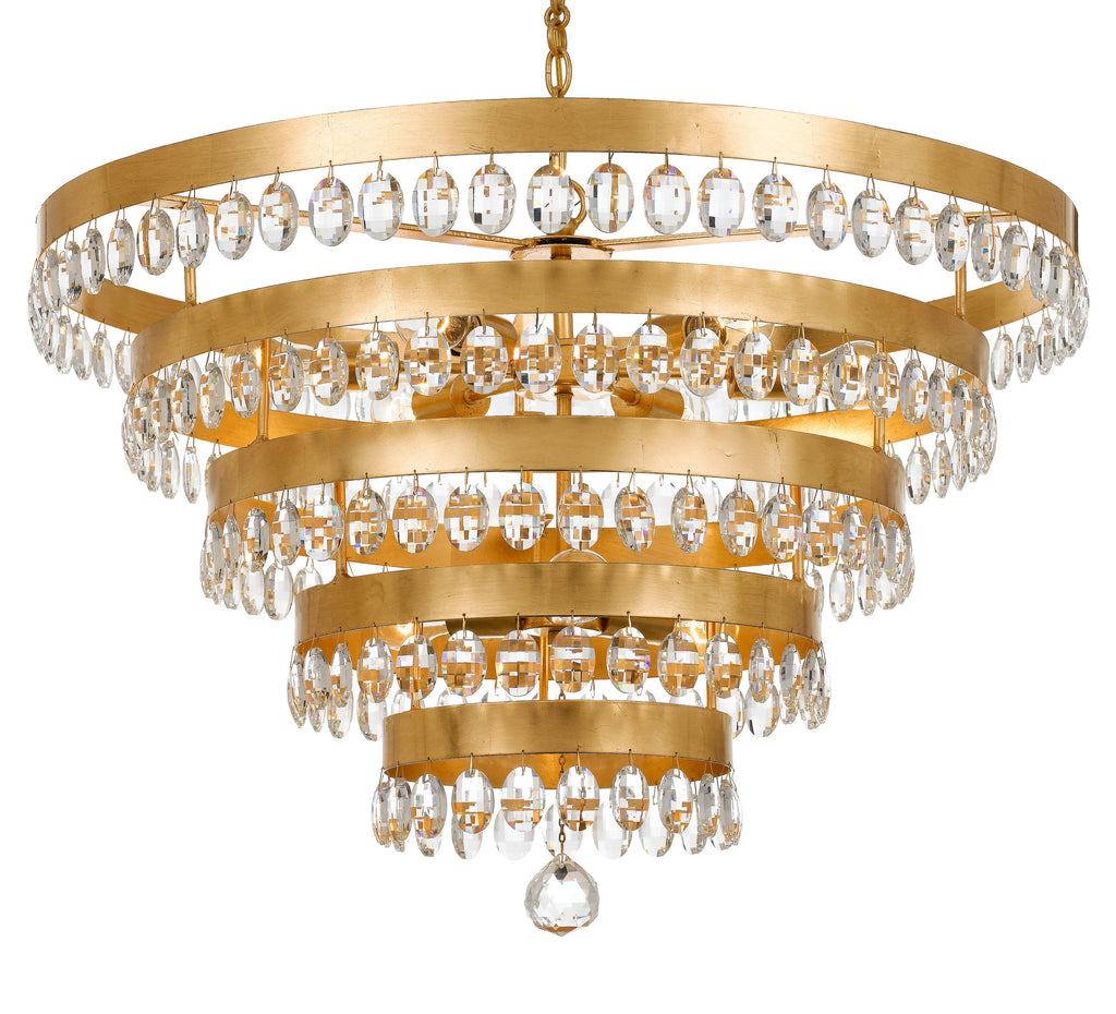 9 Light Antique Gold Transitional Chandelier Draped In Clear Elliptical Faceted Crystal - C193-6109-GA