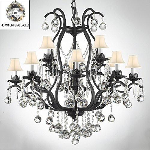 Wrought Iron Empress Crystal (Tm) Chandelier Lighting Dressed W/ Crystal Balls & White Shades - A83-B6/Sc/3034/8+4-White Shades