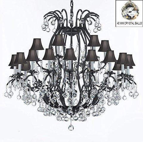 Wrought Iron Crystal Chandeliers Lighting Empress Crystal (Tm) Dressed With Faceted Crystal Balls And Black Shade H46" W46" Perfect For An Entryway Or Foyer - A83-Sc/Blackshade/B6/3034/18+6