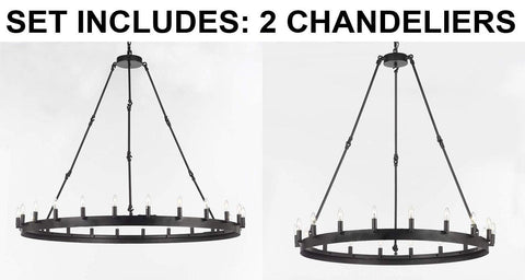 Set of 2-1 Wrought Iron Vintage Barn Metal Castile One Tier Chandelier Lighting W 50" H 48" and 1 Wrought Iron Vintage Barn Metal Castile One Tier Chandelier Lighting W 38" H 40" - 1EA G7-3428/24 + 1EA G7-3428/18