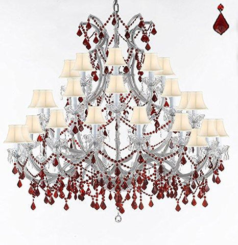 Crystal Chandelier Lighting Chandeliers H49" W52" Dressed with Ruby Red Crystals! Great for the Foyer, Entry Way, Living Room, Family Room and More! w/White Shades - A83-B2/WHITESHADES/SILVER/756/36+1 RED
