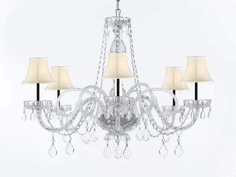 Crystal Chandelier Chandeliers Lighting with White Shades w/Chrome Sleeves H27" x W32" - G46-B43/SC/WHITESHADES/B67/385/6