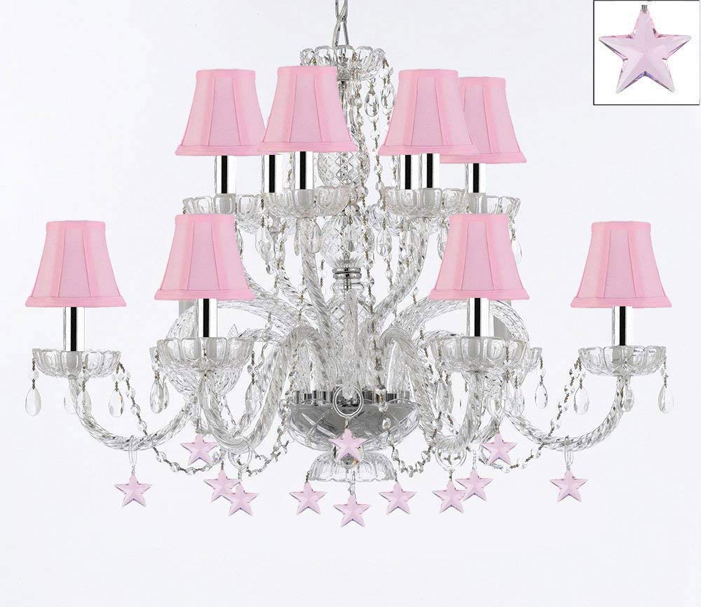 Murano Venetian Style All Empress Crystal (Tm) Chandelier! With Stars and Shades w/Chrome Sleeves! - A46-B43/B38/SC/Pinkshades/385/6+6