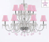 Murano Venetian Style All Empress Crystal (Tm) Chandelier! With Stars and Shades w/Chrome Sleeves! - A46-B43/B38/SC/Pinkshades/385/6+6