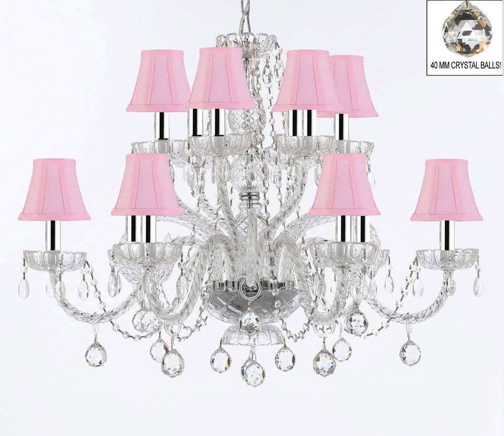 Murano Venetian Style All Empress Crystal (Tm) Chandelier! With Crystal Balls and Shades w/Chrome Sleeves! - A46-B43/B6/SC/Pinkshades/385/6+6