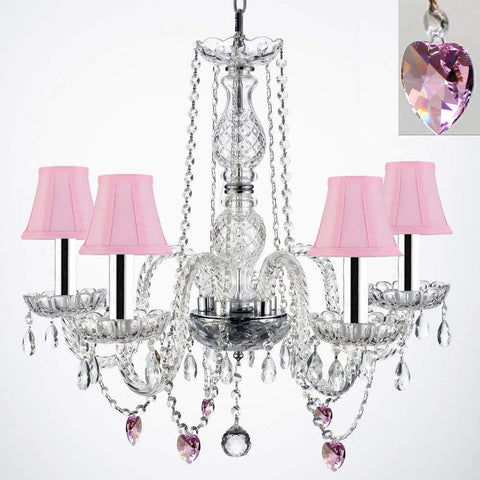 Authentic Empress Crystal(TM) Chandelier Lighting Chandeliers with Crystal Hearts and Pink Shades w/Chrome Sleeves! H25" X W24" - G46-B43/PINKSHADES/B21/384/5
