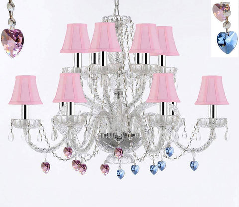 Murano Venetian Style All Empress Crystal (Tm) Chandelier! Blue and Pink Crystals with Shades w/Chrome Sleeves! - A46-B43/B85/B21/SC/Pinkshades/385/6+6