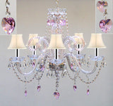 Chandelier Lighting w/Crystal White Shades & Hearts w/Chrome Sleeves H25" X W24" - Perfect for Kid's and Girls Bedroom! - GO-B43/A46-SC/WHTSHADE/HEARTS/387/5/PINK