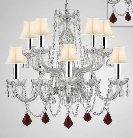 Chandelier Lighting Crystal Chandeliers H25" X W24" 10 Lights w/Chrome Sleeves - Dressed w/Ruby Red Crystals! Great for Dining Room, Foyer, Entry Way, Living Room, Bedroom, Kitchen! w/White Shades - G46-B43/B98/WHITESHADES/CS/1122/5+5