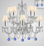 Chandelier Lighting Crystal Chandeliers H25" X W24" 10 Lights w/Chrome Sleeves - Dressed w/Blue Crystal Balls! Great for Dining Room, Foyer, Entry Way, Living Room, Bedroom, Kitchen! w/White Shades - G46-B43/B99/WHITESHADES/CS/1122/5+5