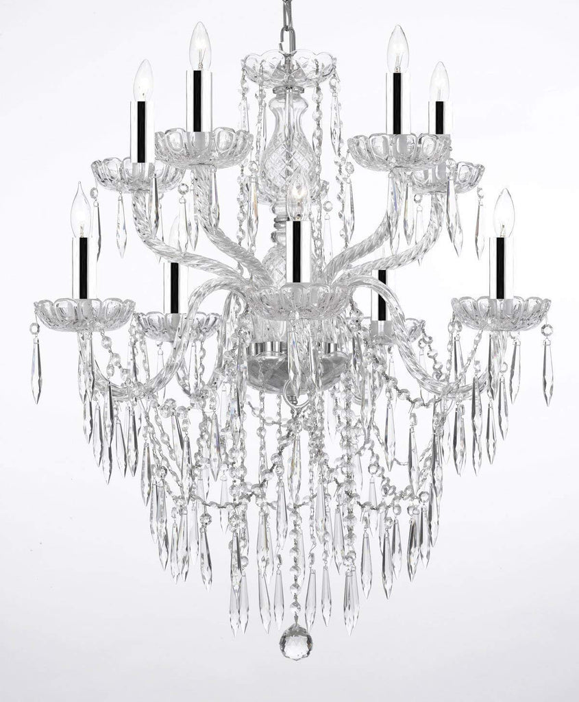 Empress Crystal (tm) Icicle Waterfall Chandelier Lighting Dining Room Chandeliers w/Chrome Sleeves! H 30" W 24" 10 Lights! Swag Plug in-Chandelier W/ 14' Feet of Hanging Chain and Wire! - G46-B43/B15/B27/1122/5+5