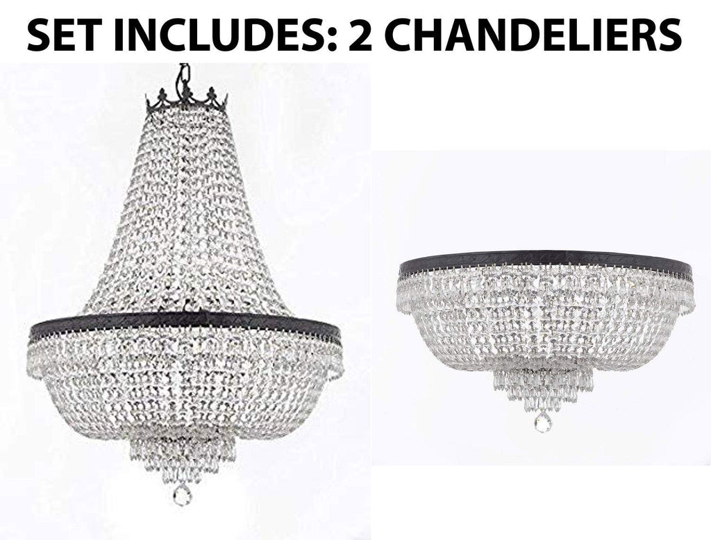 Set of 2-1 French Empire Crystal Chandelier Lighting H30" X W24" w/Dark Antique Finish! and 1 French Empire Crystal Flush Chandelier Lighting H18" X W24" w/Dark Antique Finish! - 1EA CB/870/9 + 1EA FLUSH/CB/870/9