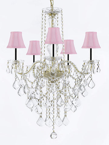 MURANO VENETIAN STYLE ALL-CRYSTAL CHANDELIER LIGHTING WITH PINK SHADES W/CHROME SLEEVES H30" X W24"! - G46-B43/SC/PINKSHADE/CG/3/384/5