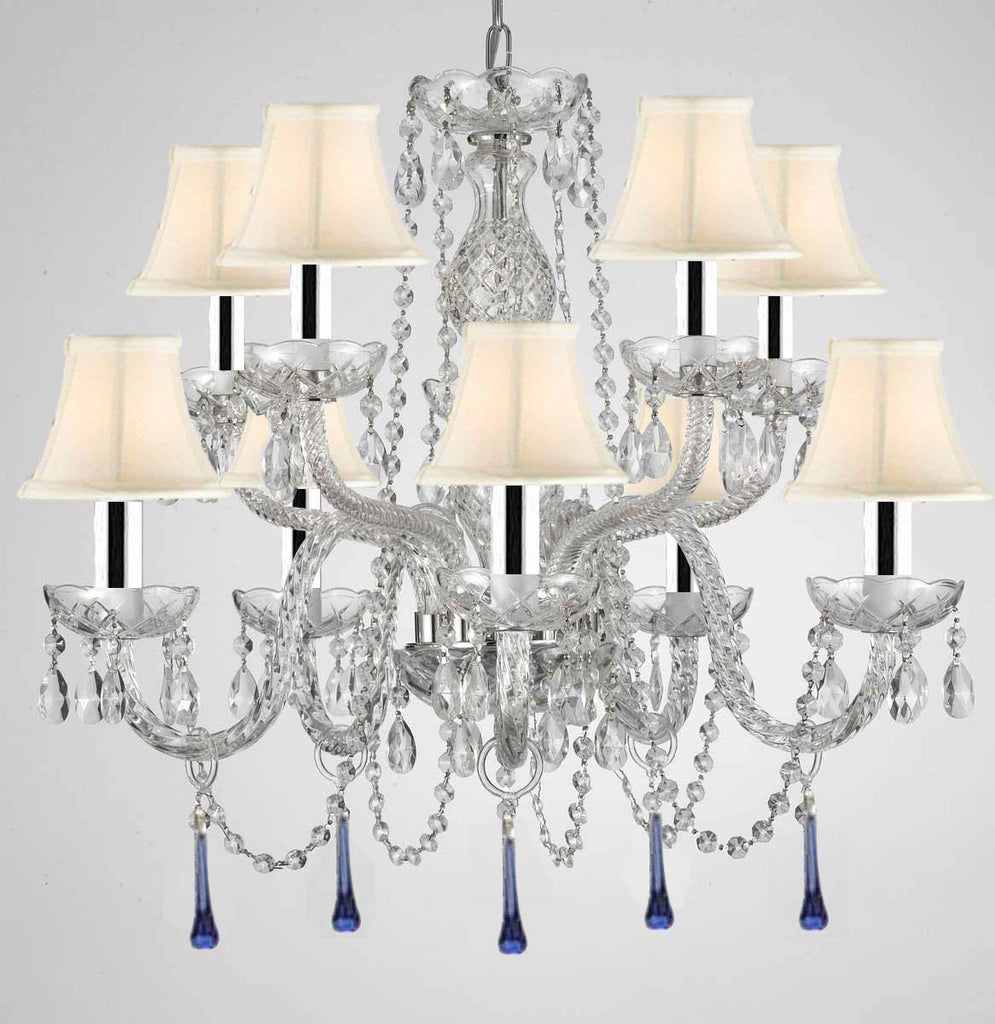 Murano Venetian Style All Crystal Chandelier Lighting W/Blue Crystals w/Chrome Sleeves H 25" x W 24" with White Shade - G46-B43/SC/WHITESHADE/B33/1122/5+5