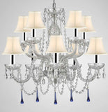 Murano Venetian Style All Crystal Chandelier Lighting W/Blue Crystals w/Chrome Sleeves H 25" x W 24" with White Shade - G46-B43/SC/WHITESHADE/B33/1122/5+5