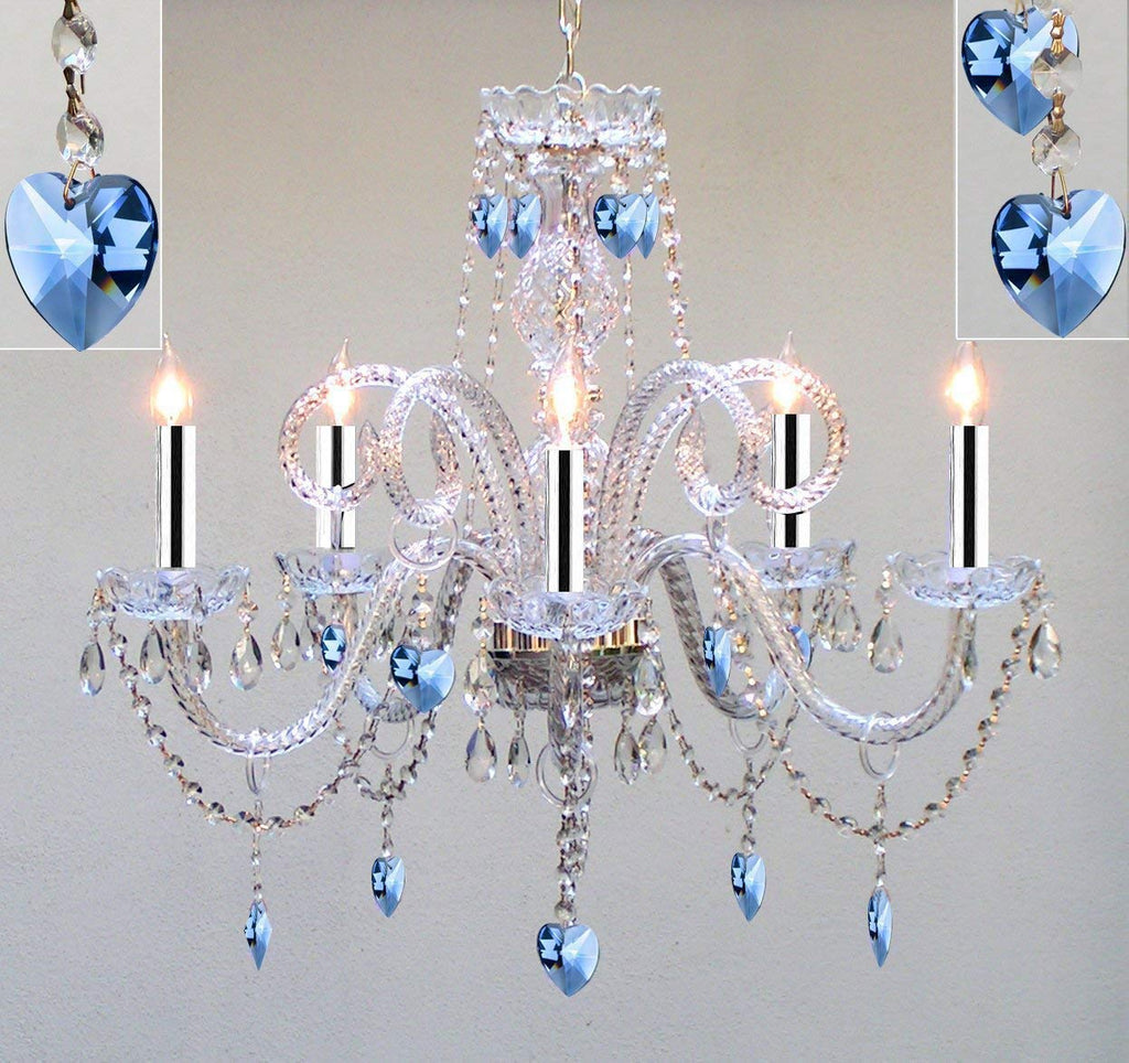 Authentic All Crystal Chandelier Chandeliers Lighting with Sapphire Blue Crystal Hearts! Perfect for Living Room, Dining Room, Kitchen, Kid's Bedroom w/Chrome Sleeves! H25" W24" - A46-B43/B85/387/5