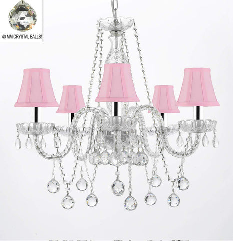 Authentic All Crystal Chandeliers Lighting Empress Crystal (TM) Chandeliers with Crystal Pink and Shades W/Chrome Sleeves! H27" X W24" - G46-B43/PINKSHADES/B37/384/5