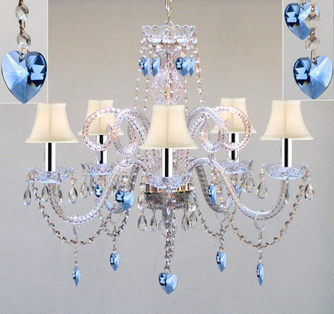 Authentic All Crystal Chandelier Chandeliers Lighting with Sapphire Blue Crystal Hearts and White Shades! Perfect for Living Room, Dining Room, Kitchen, Kid's Bedroom w/Chrome Sleeves! H25" W24" - A46-B43/B85/WHITESHADES/387/5