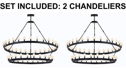 Set of 2 - Wrought Iron Vintage Barn Metal Castile Two Tier Chandelier Industrial Loft Rustic Lighting W 63" H 60" w/White Shades Great for The Living Room, Dining Room, Foyer and Entryway, Family Room, and More - 2EA G7-WHITESHADES/3428/54
