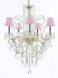 MURANO VENETIAN STYLE ALL-CRYSTAL CHANDELIER LIGHTING WITH PINK SHADES W/CHROME SLEEVES H30" X W24"! - G46-B43/SC/PINKSHADE/CG/3/385/5