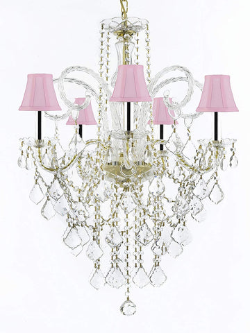 MURANO VENETIAN STYLE ALL-CRYSTAL CHANDELIER LIGHTING WITH PINK SHADES W/CHROME SLEEVES H30" X W24"! - G46-B43/SC/PINKSHADE/CG/3/385/5