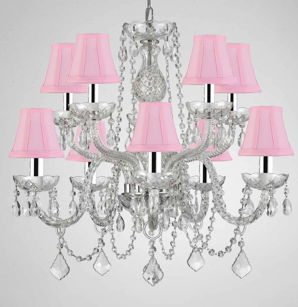 Swarovski Crystal Trimmed Chandelier! Crystal Chandelier Lighting with Pink Shades w/Chrome Sleeves! H 25" X W 24" Swag Plug in-Chandelier w/ 14' Feet of Hanging Chain and Wire! - G46-B15/PINKSHADES/CS/1122/5+5SW