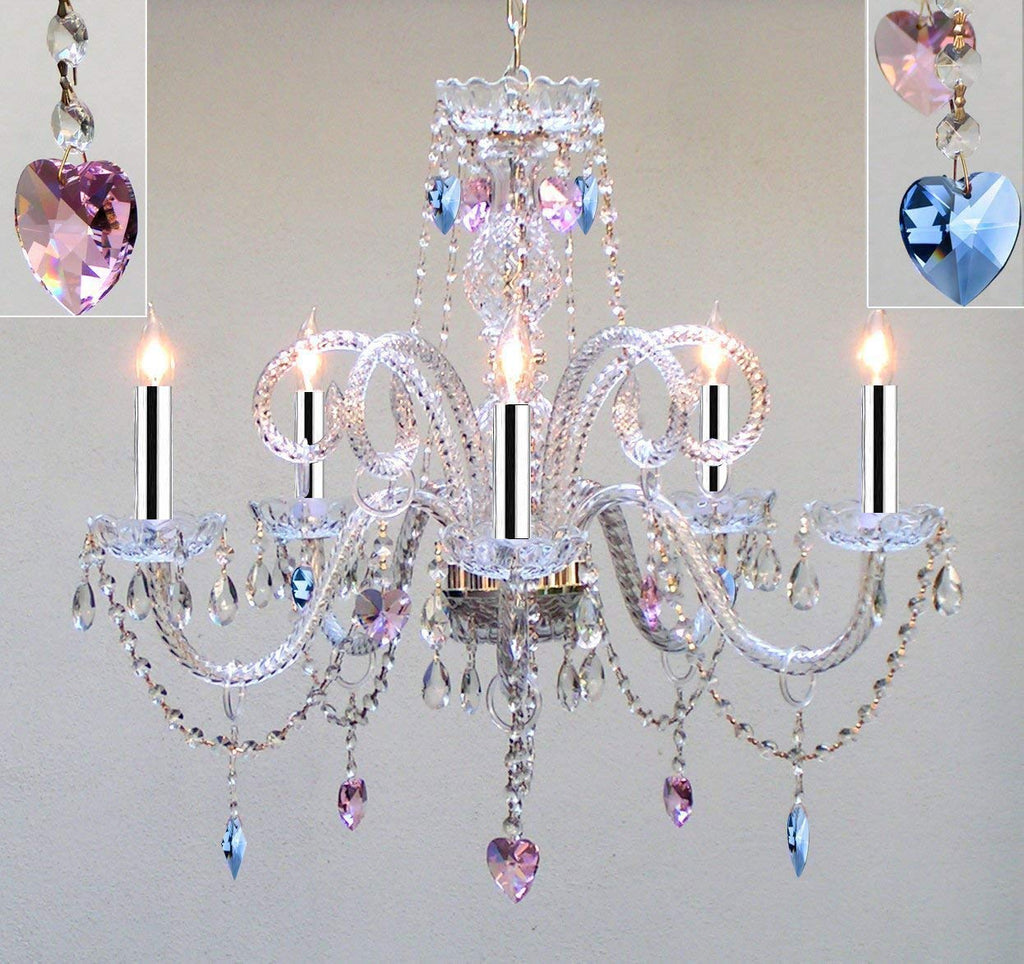 Authentic All Crystal Chandelier Chandeliers Lighting with Sapphire Blue & Pink Crystal Hearts! Perfect for Living Room, Dining Room, Kitchen, Kid's Bedroom w/Chrome Sleeves! H25" W24" - A46-B43/B85/B21/387/5