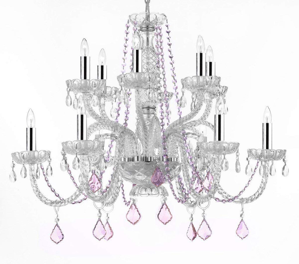 Empress Crystal (tm) Chandelier Chandeliers Lighting with Pink Color Crystal w/Chrome Sleeves! - F46-B43/B2/385/6+6-pink crystals