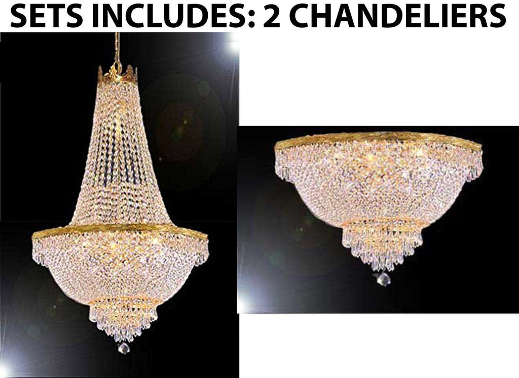 Set of 2 - 1 French Empire Crystal Chandelier Lighting -Great for the Dining Room, Foyer, Entry Way, Living Room! H50" X W24" and 1 French Empire Crystal Semi Flush Chandelier Lighting H18" X W24" - 1EA C7/CG/870/9 + 1EA FLUSH/870/9