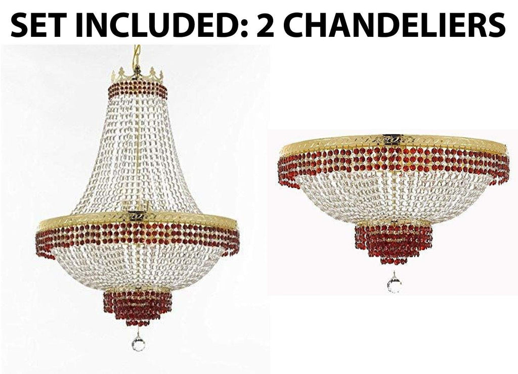 Set of 2-1 Moroccan Style French Empire Crystal Chandeliers Lighting Trimmed w/Ruby Red Crystal! H36 W30 and 1 Flush French Empire Crystal Chandelier Lighting Trimmed w/Ruby Red Crystal! H21 W30 - B74/CG/870/14 + B74/CG/FLUSH/870/14