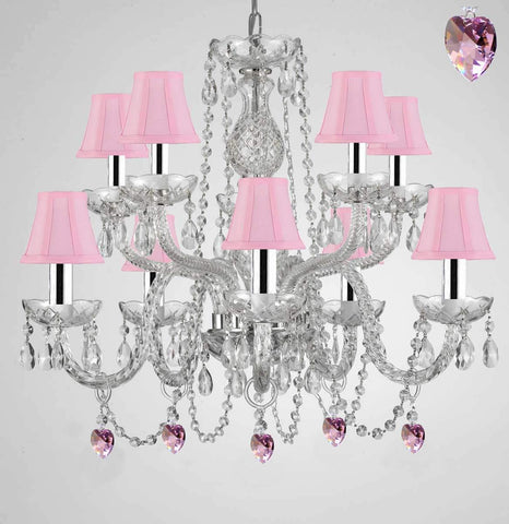 Empress Crystal (tm) Chandelier Lighting with Pink Color Crystal and Pink Shades w/Chrome Sleeves - G46-B43/B21/SC/1122/5+5-Pink Shades