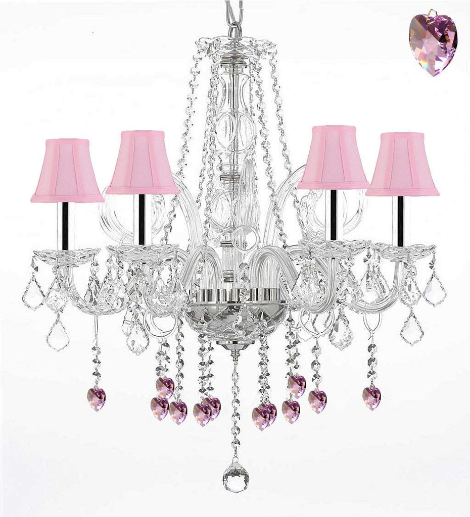 Crystal Chandelier Chandeliers Lighting with Pink Crystal Hearts and Pink Shades w/Chrome Sleeves H25" x W24" - G46-B43/PINKSHADES/B21/385/5