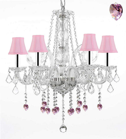Crystal Chandelier Chandeliers Lighting with Pink Crystal Hearts and Pink Shades w/Chrome Sleeves H25" x W24" - G46-B43/PINKSHADES/B21/385/5