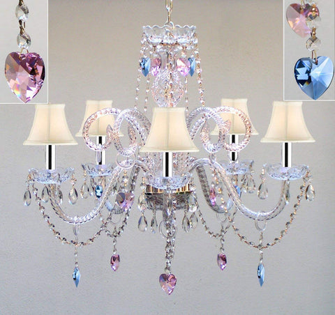 Authentic All Crystal Chandelier Chandeliers Lighting with Sapphire Blue & Pink Crystal Hearts & White Shades! Perfect for Living Room, Dining Room, Kitchen, Kid's Bedroom w/Chrome Sleeves! H25" W24" - A46-B43/B85/B21/WHITESHADES/387/5