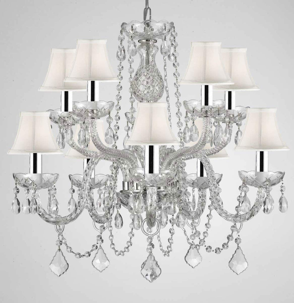 Swarovski Crystal Trimmed Chandelier! Crystal Chandeliers Lighting with White Shades H 25" X W 24" Swag Plug in-Chandelier w/ 14' Feet of Hanging Chain and Wire w/Chrome Sleeves! - G46-B43/B15/WHITESHADES/CS/1122/5+5SW