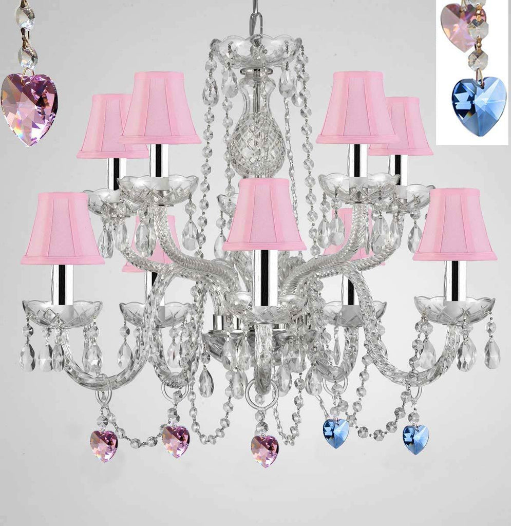 Empress Crystal (tm) Chandelier Chandeliers Lighting with Blue and Pink Color Crystal W/Pink Shades w/Chrome Sleeves! - G46-B43/B85/B21/SC/1122/5+5-Pink Shades
