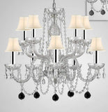 Chandelier Lighting Crystal Chandeliers H25" X W24" 10 Lights w/Chrome Sleeves - Dressed w/Jet Black Crystal Balls! Great for Dining Room, Living Room, Bedroom, Kitchen! w/White Shades - G46-B43/B95/WHITESHADES/CS/1122/5+5