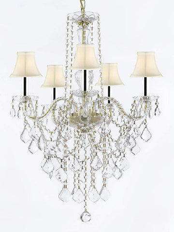 MURANO VENETIAN STYLE ALL-CRYSTAL CHANDELIER LIGHTING WITH WHITE SHADES W/CHROME SLEEVES H30" X W24"! - G46-B43/SC/WHITESHADECG/3/384/5