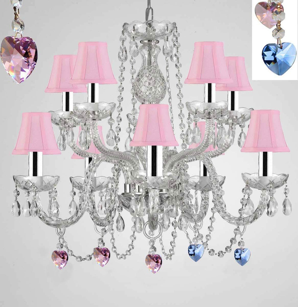Empress Crystal (tm) Chandelier Lighting with Blue and Pink Color Crystal and Pink Shades w/Chrome Sleeves! Swag Plug in-Chandelier W/ 14' Feet of Hanging Chain and Wire! - G46-B43/B15/B85/B21/SC/PINKSHAD/1122/5+5
