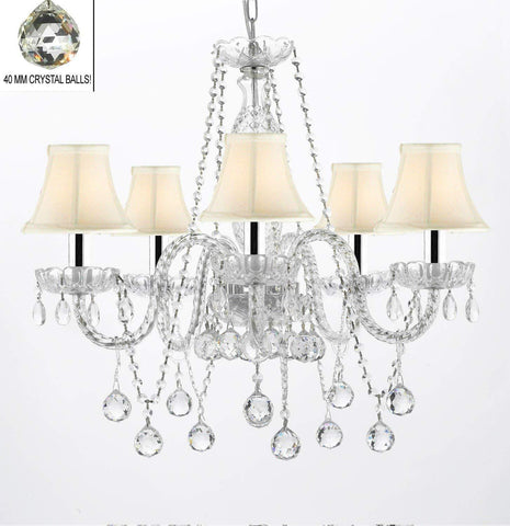 Authentic All Crystal Chandeliers Lighting Empress Crystal (TM) Chandeliers with Crystal White and Shades W/Chrome Sleeves H27" X W24" - G46-B43/WHITESHADES/B37/384/5