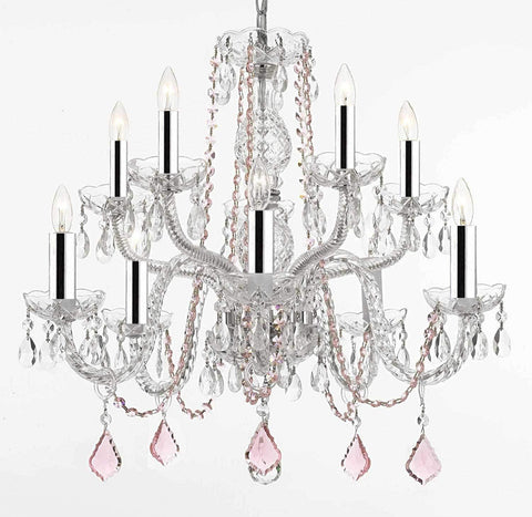 EMPRESS CRYSTAL (tm) CHANDELIER CHANDELIERS LIGHTING WITH PINK COLOR CRYSTAL! SWAG PLUG IN-CHANDELIER W/14' FEET OF HANGING CHAIN AND WIRE WITH CHROME SLEEVES! - A46-B43/B15/B2/CS/1122/5+5