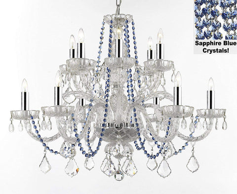 AUTHENTIC ALL CRYSTAL CHANDELIER CHANDELIERS LIGHTING WITH SAPPHIRE BLUE CRYSTALS! PERFECT FOR LIVING ROOM, DINING ROOM, KITCHEN W/CHROME SLEEVES! H32" W27" - F46-B43/B82/385/6+6