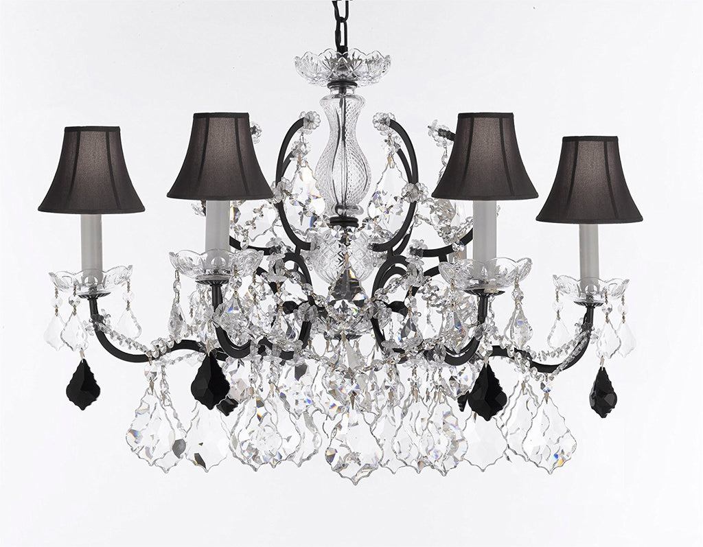 Swarovski Crystal Trimmed Chandelier 19th C. Baroque Iron & Crystal Lighting- Dressed with Jet Black Crystals Great for Kitchens, Bathrooms, Closets, & Dining Rooms H 25" x W 26" w/Black Shades - G83-B97/BLACKSHADES/994/6SW