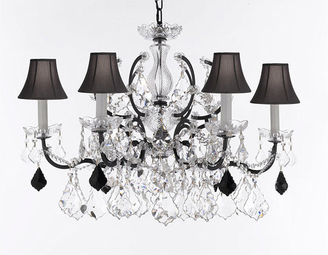19th C. Baroque Iron & Crystal Chandelier Lighting Dressed with Empress Crystal (tm) - Dressed w/Jet Black Crystals Great for Kitchens, Closets, & Dining Rooms H 25" x W 26" w/Black Shades - G83-B97/BLACKSHADES/994/6