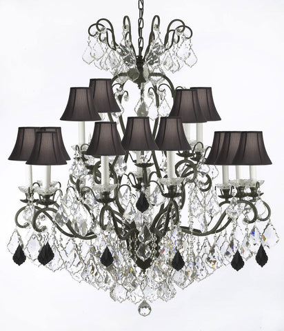 Swarovski Crystal Trimmed Chandelier Wrought Iron Crystal Chandelier Lighting Dressed with Jet Black Crystals W38" H44" - Great for the Dining Room, Foyer, Entry Way, Living Room w/Black Shades - F83-B97/BLACKSHADES/556/16SW