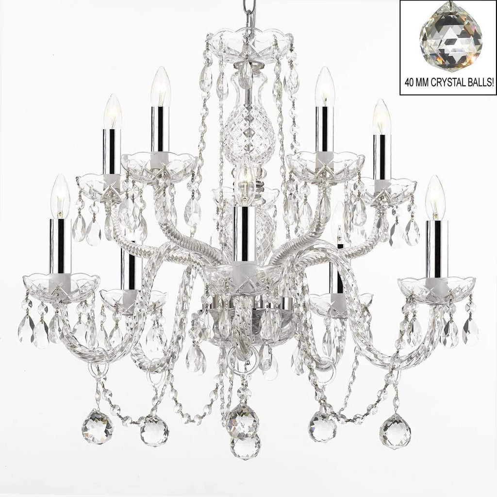 Swarovski Crystal Trimmed Chandelier! All Crystal Chandelier Lighting Chandeliers with 40mm Crystal Balls! Swag Plug In-chandelier w/14' Feet of Hanging Chain and Wire! w/Chrome Sleeves! - A46-B43/B15/B6/CS/1122/5+5SW