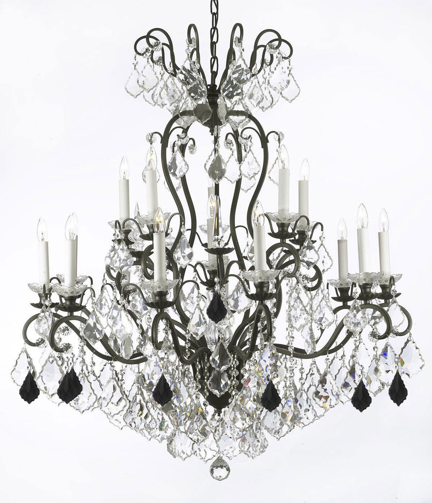 Swarovski Crystal Trimmed Chandelier Wrought Iron Crystal Chandelier Lighting Dressed with Jet Black Crystals W38" H44" - Great for the Dining Room, Foyer, Entry Way, Living Room - F83-B97/556/16SW